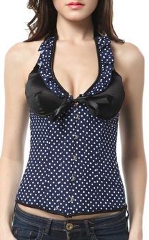 Black and blue polka-dotted halter style overbust boned corset